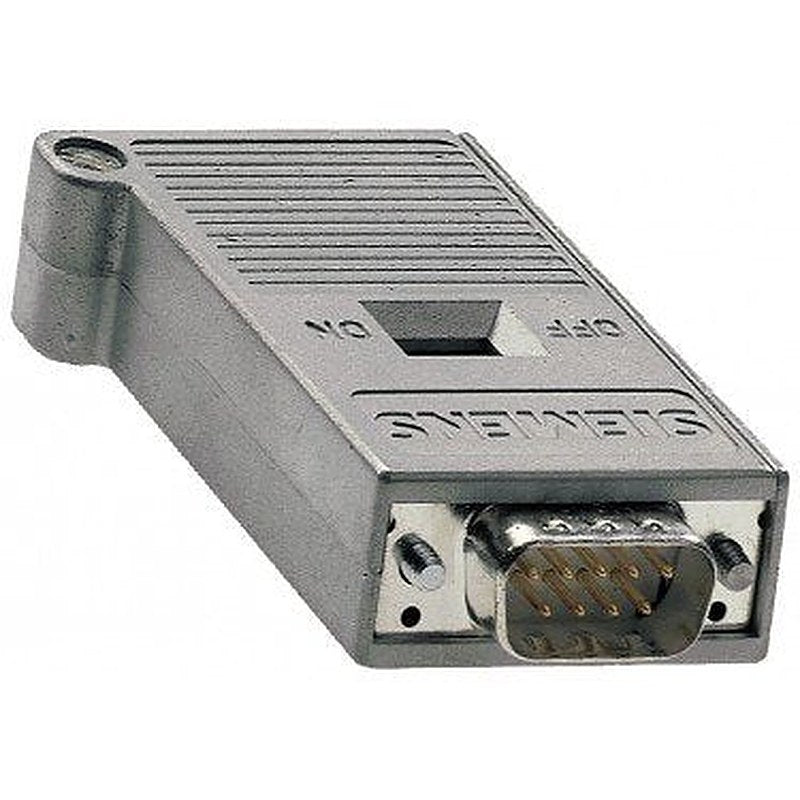 PROFIBUS bus connector with axial cable outlet for Industry PC, SIMATIC OP, OLM; transfer rate 12 Mbit/s; terminating resistor with isolating function, metal enclosure.