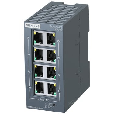 SCALANCE XB008 Unmanaged Industrial Ethernet Switch for 10/100 Mbit/s; for setting up small star and line topologies; LED diagnostics, IP20, 24 V AC/DC power supply, with 8x 10/100 Mbit/s twisted pair ports with RJ45 sockets; Manual available as a download .