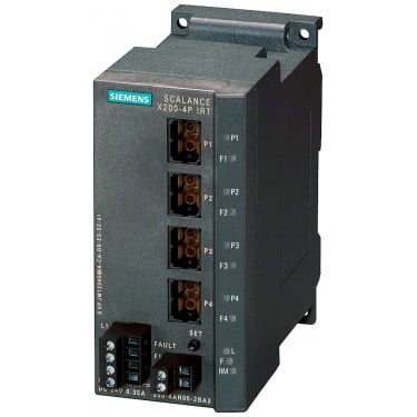 SCALANCE X200-4PIRT managed IE IRT switch, 4x 100 Mbit/s POF SC RJ ports, Error signaling contact with set pushbutton, Redundant power supply, PROFINET IO device, network management, Redundancy Manager integrated, incl. electron. manual on CD-ROM, C-plug optional.