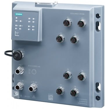 SCALANCE XP208, managed IE switch, 8x 10/100 Mbit/s M12 ports, IP65, LED diagnostics, error signaling contact, redundant power supply, IEC 62443-4-2 certified PROFINET IO device, network management, can be operated in redundant ring, dust caps, including electronic manual on CD-ROM, C-plug optional.