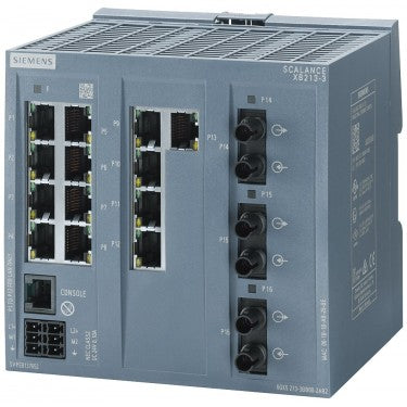 SCALANCE XB213-3 managed Layer 2 IE switch 13x 10/100 Mbit/s RJ45 ports, 3x MM FO ST port 1x console port, diagnostics LED, redundant power supply, IEC 62443-4-2 certified; temperature range 0 °C to +60 °C; DIN-rail mounting; default PROFINET.