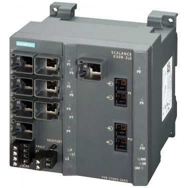 SCALANCE X308-2LD, managed plus IE switch, 2x 1000 Mbit/s SM SC, 1x 10/100/1000 Mbit/s, 7x 10/100 Mbit/s RJ45 ports, LED diagnostics, error signaling contact with select/set pushbutton, PROFINET IO device, network management, integrated redundancy manager, office features (RSTP, VLAN, IGMP,..) C-PLUG in scope of supply.