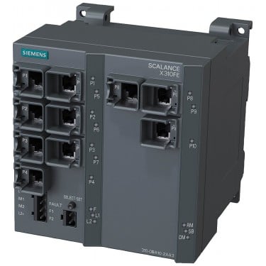 SCALANCE X310FE, managed plus IE switch, 10x 10/100 Mbit/s RJ45 ports, LED diagnostics, error-signaling contact with Select/set pushbutton, PROFINET IO Device, network management, integrated redundancy manager, Office features (RSTP, VLAN, IGMP,..) C-plug in scope of delivery .