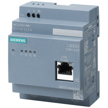 LOGO! CSM12/24 Compact Switch Module connection of a LOGO! (. ..0BA7/...0BA8) and up to 3 further nodes to Ind. Ethernet with 10/100 Mbit/s Unmanaged switch, 4 RJ45 ports, 1x front port for diagnostics DC 12/24V power supply LED diagnostics, LOGO! setup.
