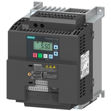 SINAMICS V20 1AC 200-240V -15/+10% 47-63Hz 3kW with 150% overload for 60s unfiltered I/O: 4 DI, 2 DQ, 2AI, 1AO Fieldbus: USS/Modbus with built-in BOP protection IP20/UL open Type Size:AD 136x176.5x160(WxHxD)