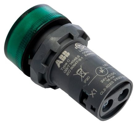 ABB, CL2-502G, Panel Mount Green LED Pilot Light, 22 mm Cutout, IP67, IP66, IP69K, Round, 24V ac/dc