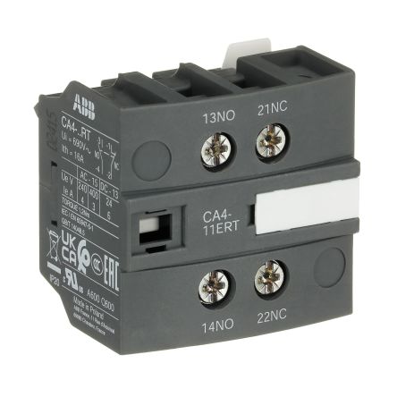 ABB Auxiliary Contact Block, 2 Contact, 1 NO/1 NC, CA4-11ERT, Front, 6 A, 690V, 1SBN010155R1011