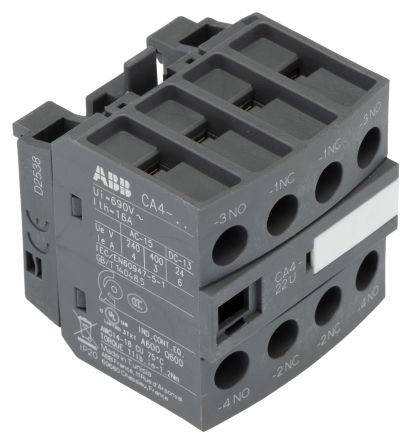 ABB Auxiliary Contact, 4 Contact, 2 NC/2 NO, CA4, Front, 6 A, 600 V dc, 690V ac, 1SBN010140R1322 CA4-22U