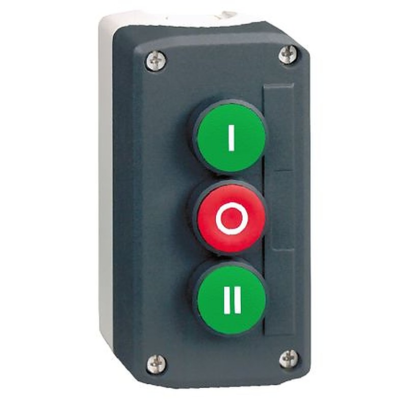 Schneider Electric Spring Return Push Button Control Station - 2 NO/1 NC, Polycarbonate, 3 Cutouts, Green, Red, I/O/II,