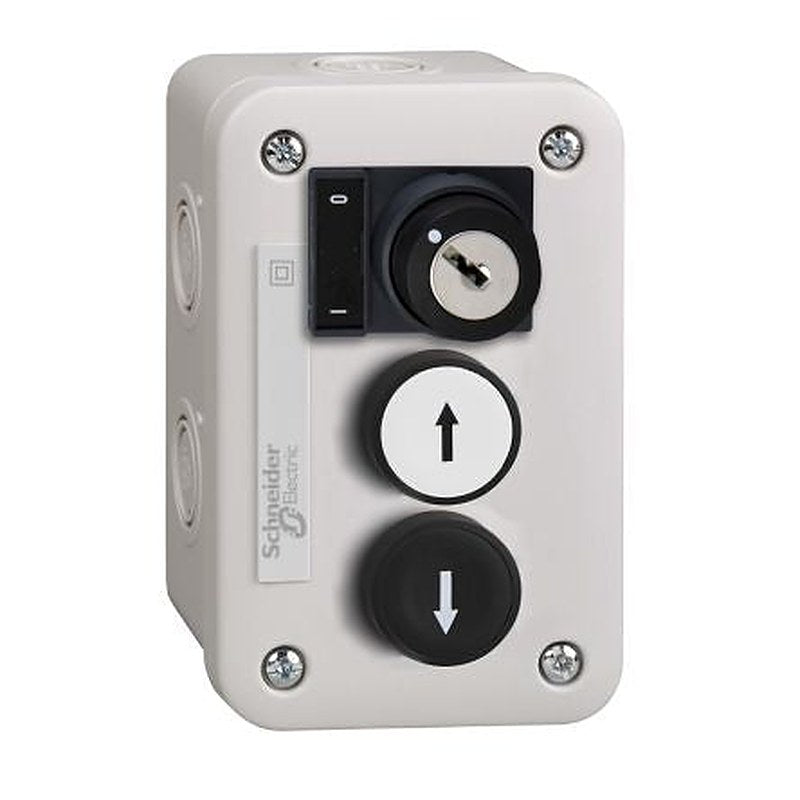 Schneider Electric Spring Return Push Button Control Station - 1 NO, ABS, 3 Cutouts, Black, White, IP54