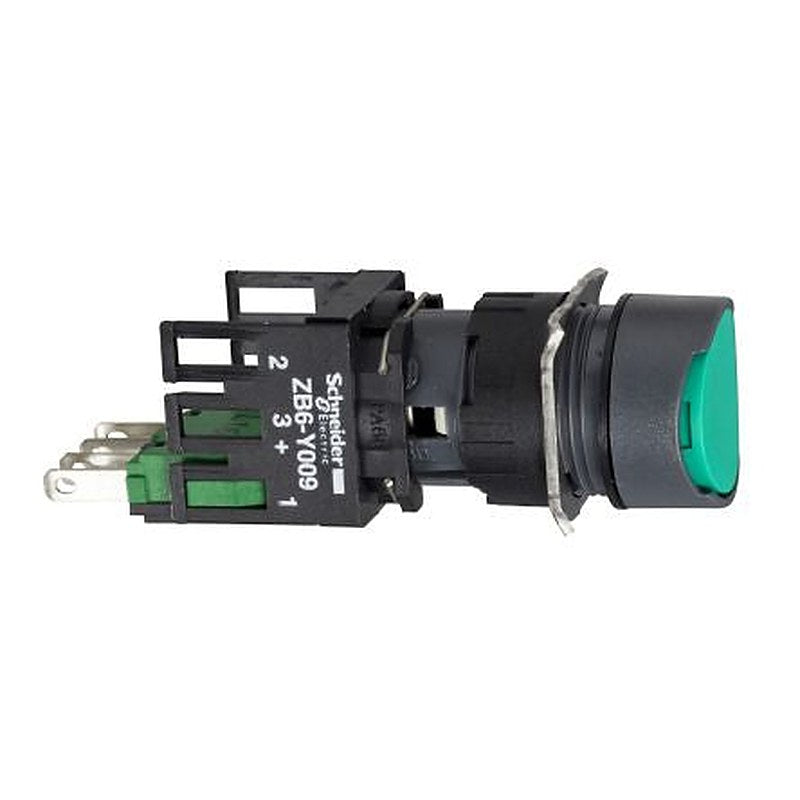 Schneider Electric Harmony Series Push Button Switch, Spring Return, Panel, 16 mm Cutout, 1 NO/1 NC, Green LED, IP65