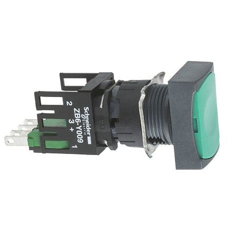 Schneider Electric Harmony Series Push Button Switch, Momentary, Panel, 16 mm Cutout, SPST, Green LED, IP65