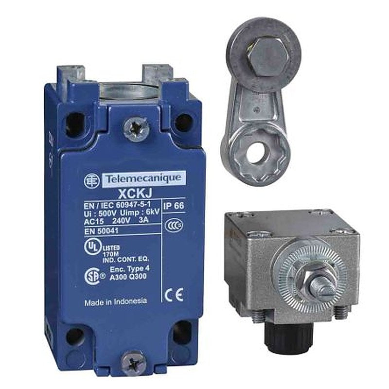 Telemecanique Sensors XCKJ Series Roller Lever Limit Switch, DPST, IP66, Zinc Zamak Alloy Housing, 50V ac, 3A