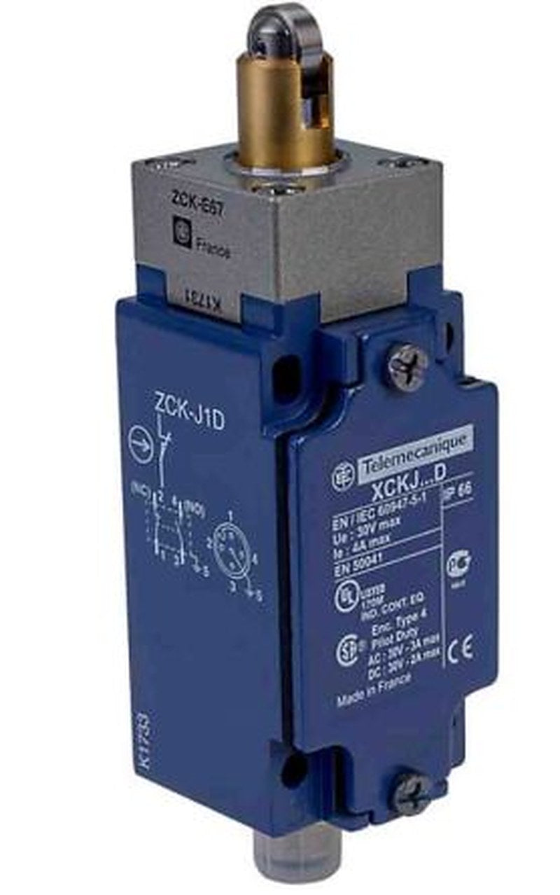 Telemecanique Sensors XCKJ Series Roller Plunger Limit Switch, 1 NO/1 NC, IP66, Zinc Zamak Alloy Housing, 50V ac, 3A