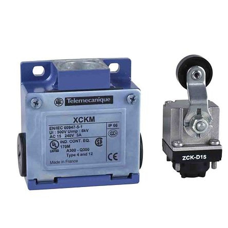 Telemecanique Sensors XCKM Series Roller Lever Limit Switch, 1 NO/1 NC, IP66, Zinc Zamak Alloy Housing, 500V